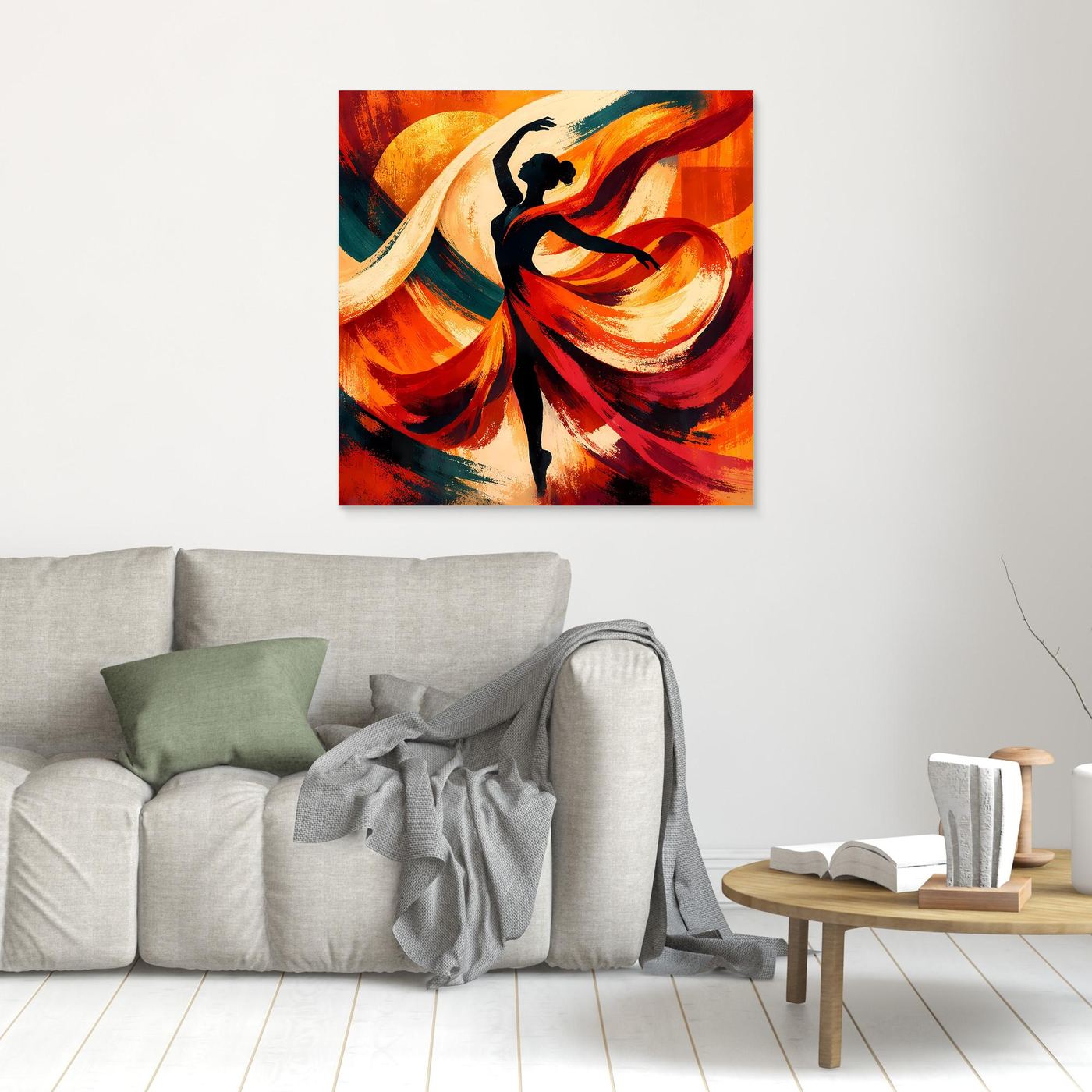 Kleines Leinwandbild mit abstrakter Tänzerin, schwarze Silhouette, rote und orangefarbene Pinselwirbel.