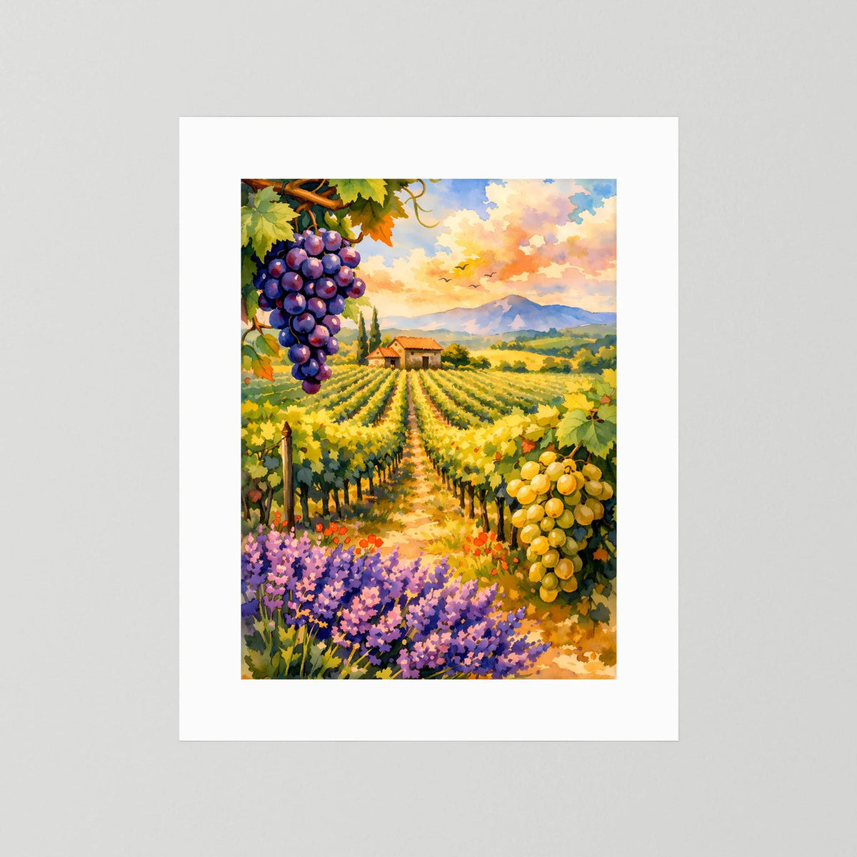 Poster Hochformat mit Weinberg, Trauben und Lavendelblüten, weißer Rand