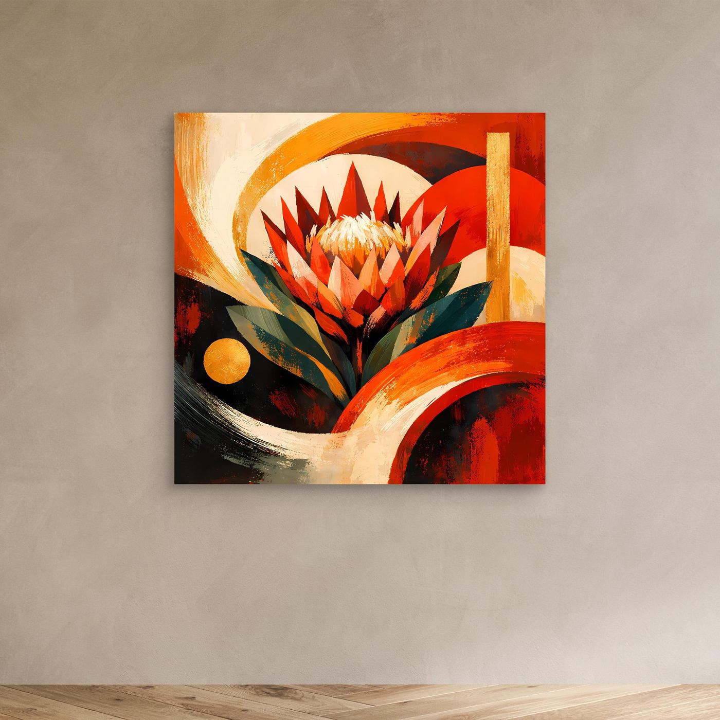 Leinwandbild mit abstrakter Protea, Rot-Orange-Flächen und Goldakzenten