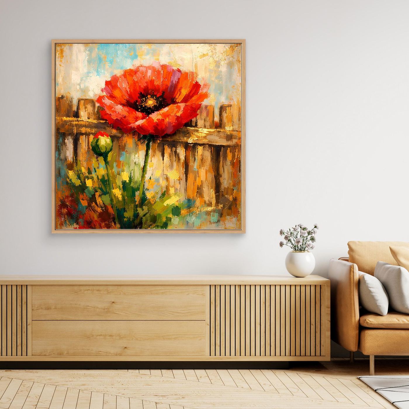 Gerahmtes Leinwandbild mit roter Mohnblume, goldfarbener Rahmen, abstrakte Holzoptik