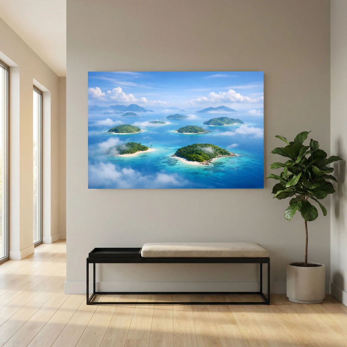 Wandbild mit tropischen Inseln und türkisblauem Meer aus Vogelperspektive