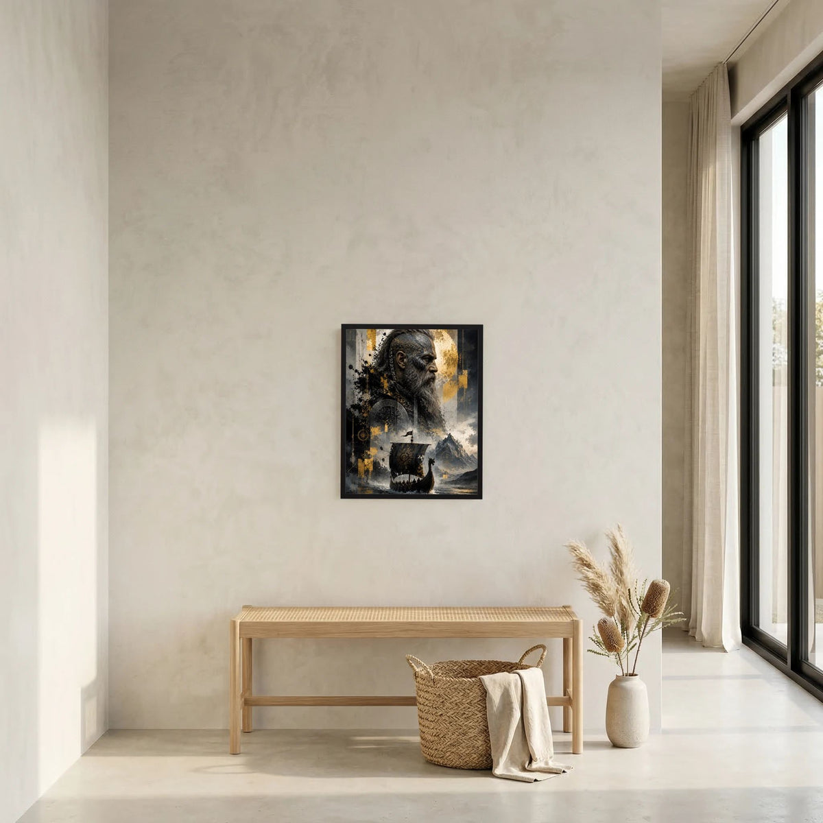 Kunstposter im schwarzen Rahmen mit Wikingerkrieger, Schiff und gold-schwarz