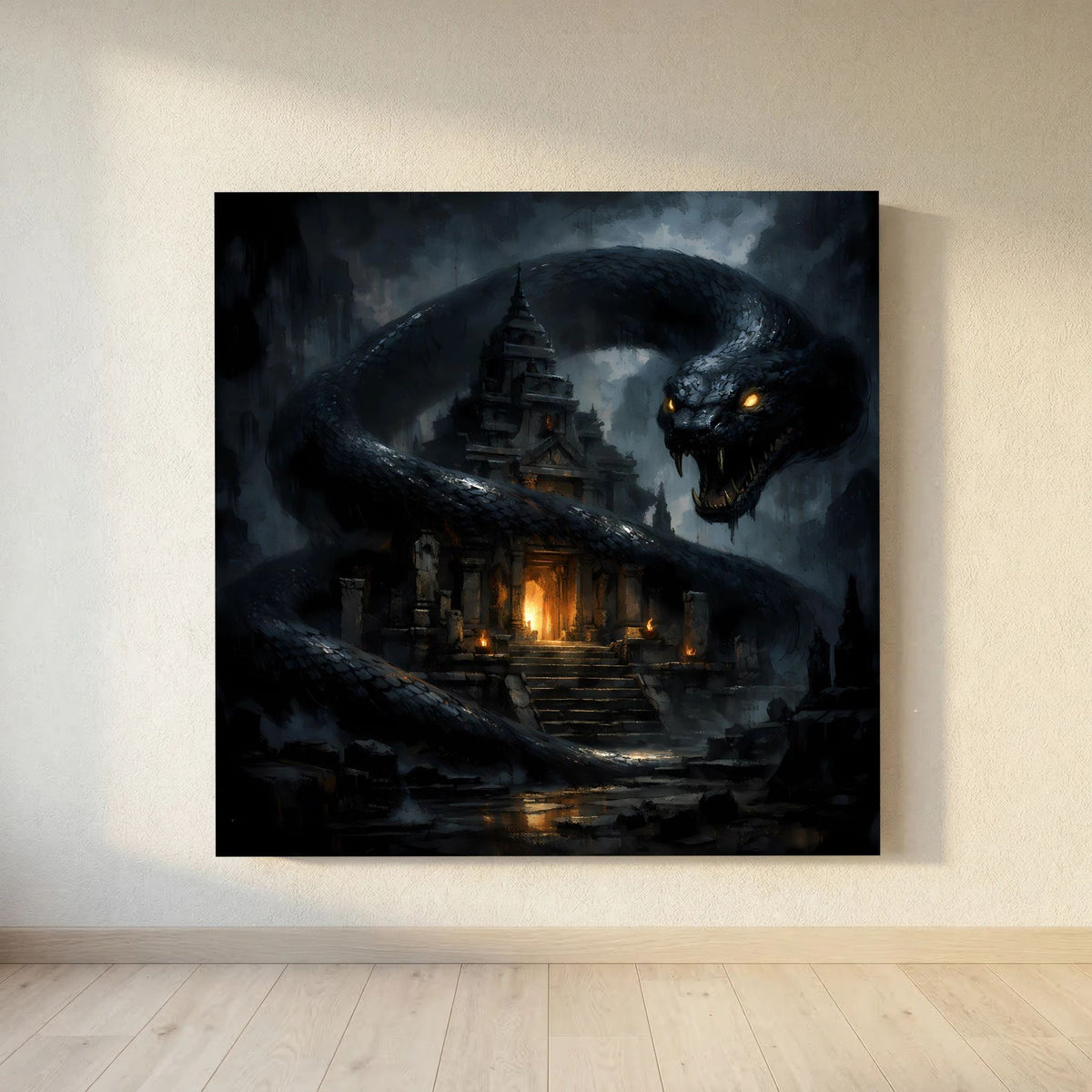 Leinwand-Wandbild mit bedrohlicher Schlange und Tempel; leuchtende Augen und Flammen
