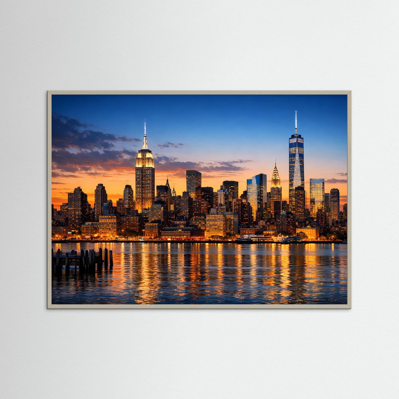 Wandposter Skyline von New York bei Sonnenuntergang, Querformat mit hellbraunem Rahmen