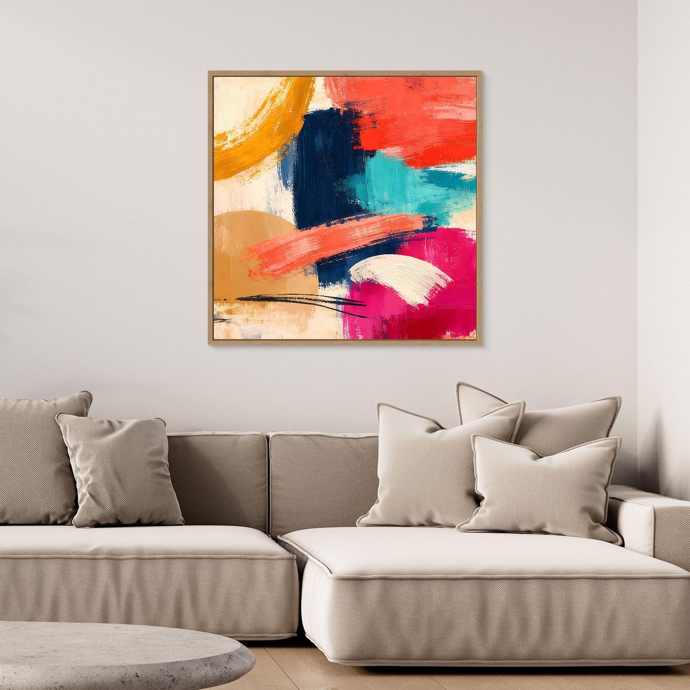 Quadratisches abstraktes Leinwand-Wandbild mit bunten Farbflächen und Pinselstrichen im Rahmen
