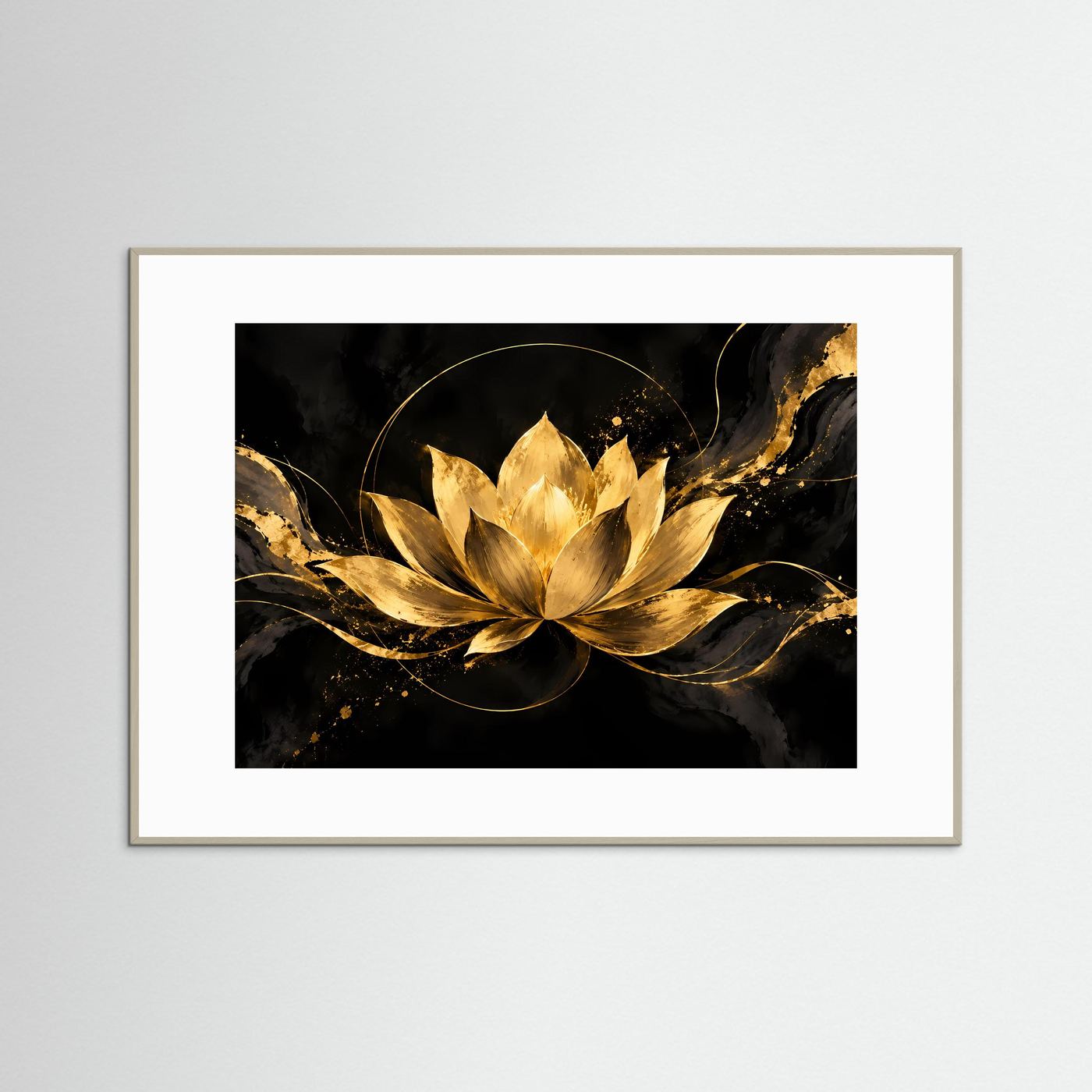 Poster mit goldener Lotusblüte, dunklem Hintergrund, beiger Rahmen mit weißer Einfassung
