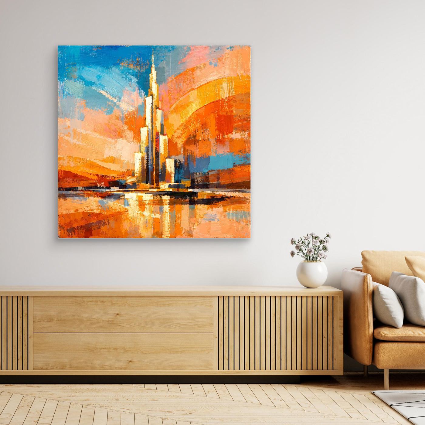 Abstraktes Leinwand-Wandbild mit Skyline und Spiegelung, schwarze Einfassung