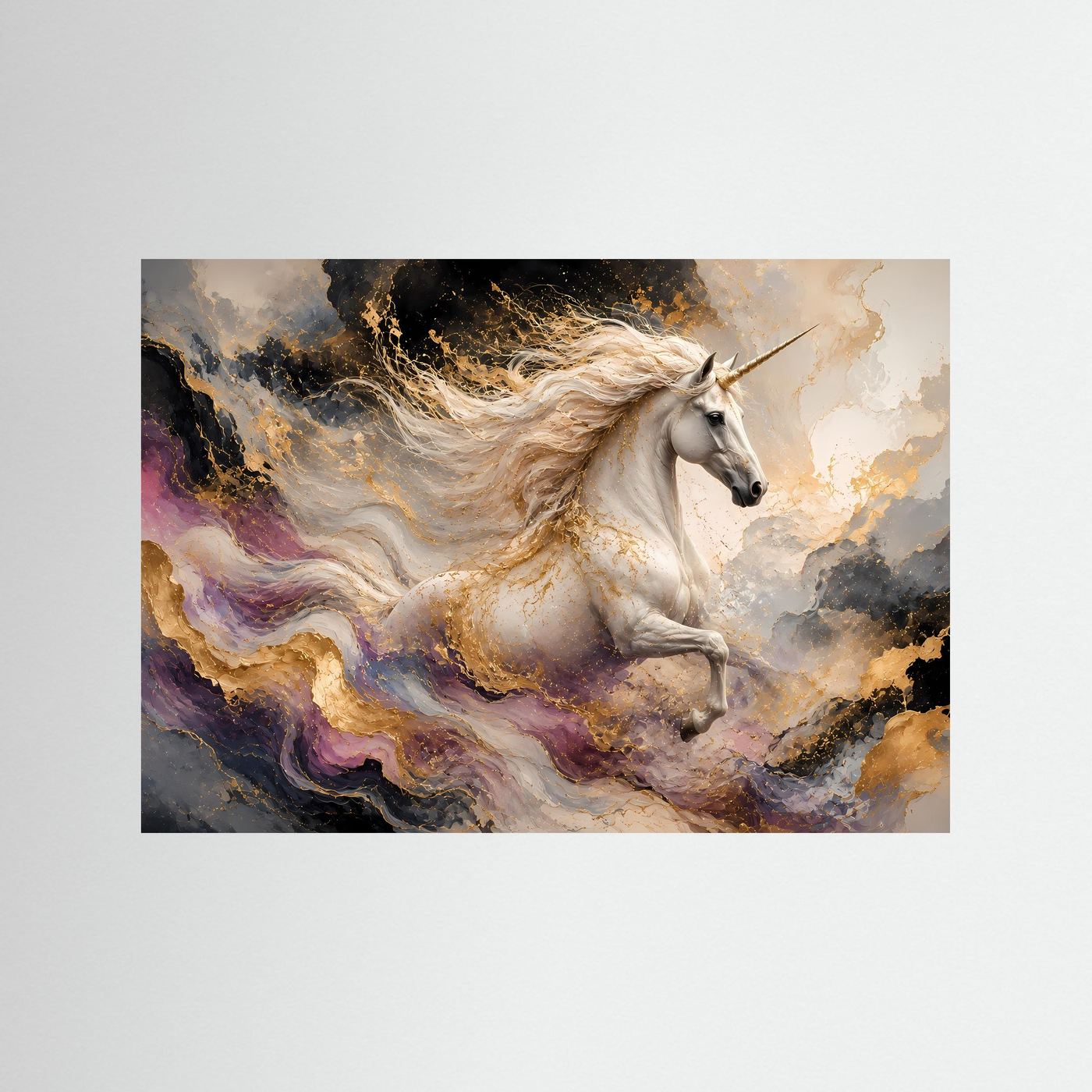 Einhornposter im Querformat: weißes Einhorn mit wehender Mähne auf Wolken