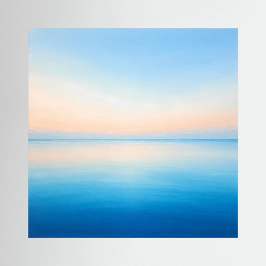 Quadratisches Leinwandbild mit Meereshorizont in Pastellblau und Pfirsich