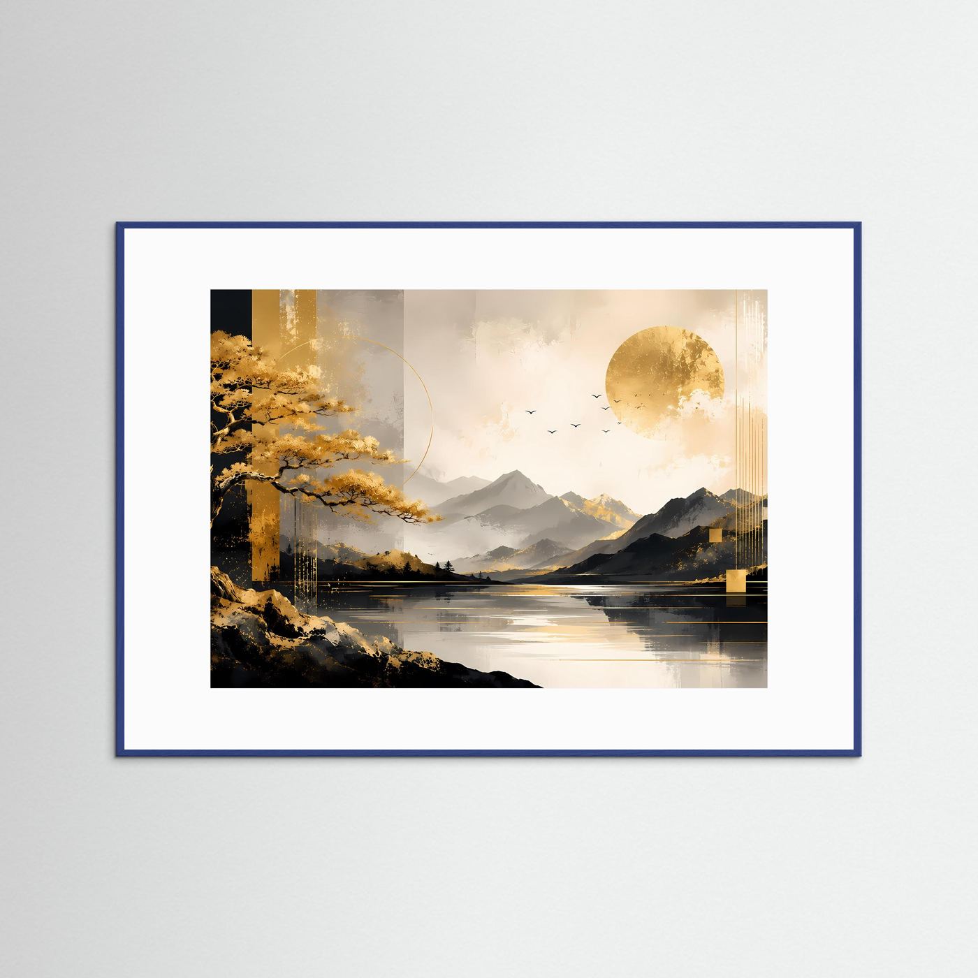Goldener Bonsai am Bergsee | Elegante Landschaft mit Bergen, Sonne und Wasser | Moderne Naturkunst in Schwarz, Gold und Creme im Querformat