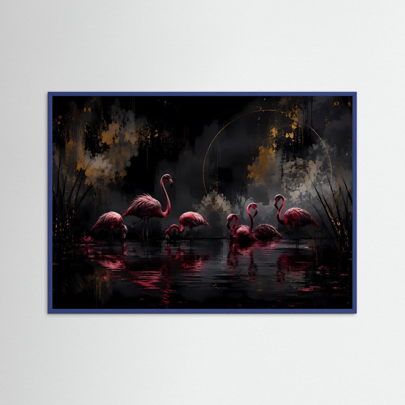 Flamingos in der Dunkelheit | Elegante Schwarz-Gold Wandkunst mit Pink – Modernes Poster Querformat