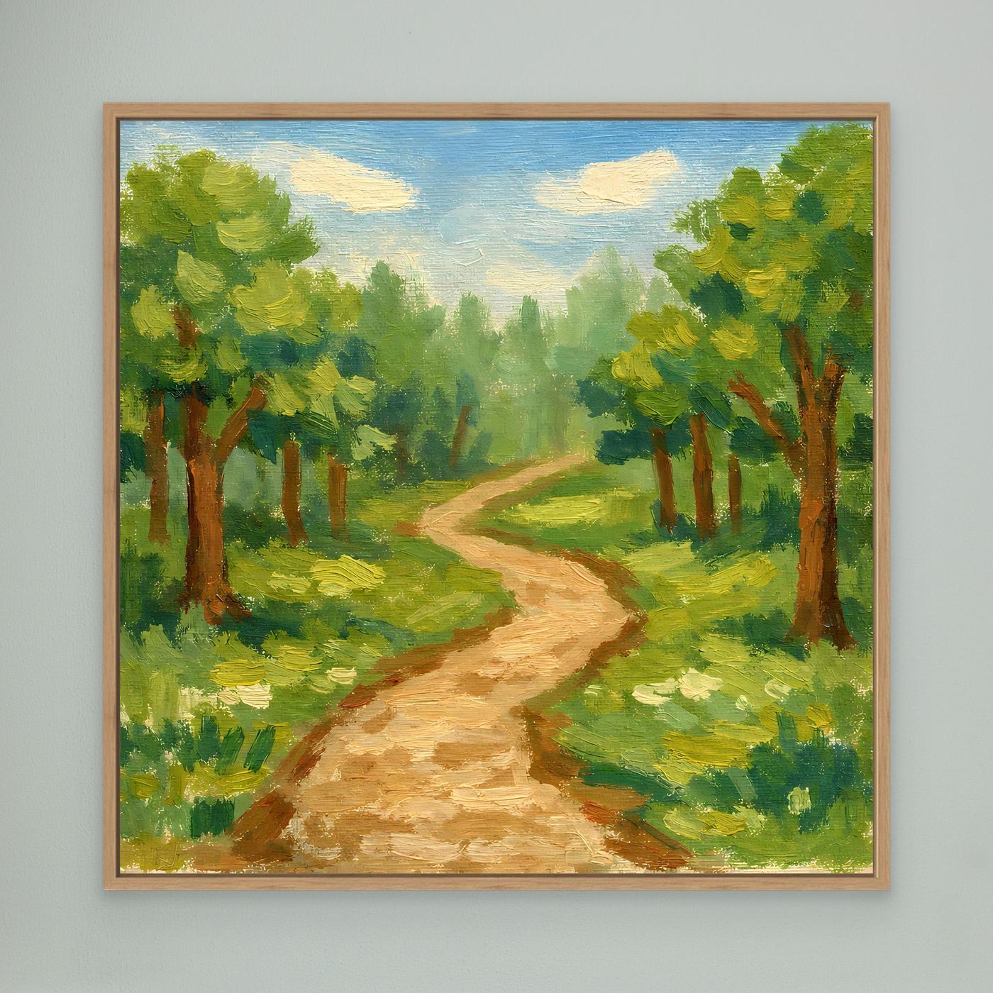 Leinwandbild „Idyllischer Waldweg“ mit Eichenrahmen: Waldweg-Landschaft in Grün.