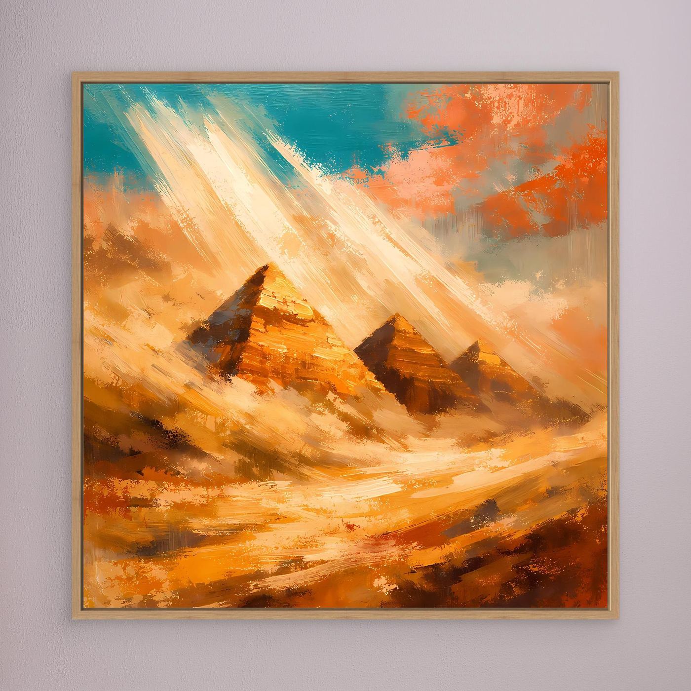 Leinwand-Wandbild mit abstrakten Pyramiden in Orange und Blau, mit hellem Holzrahmen