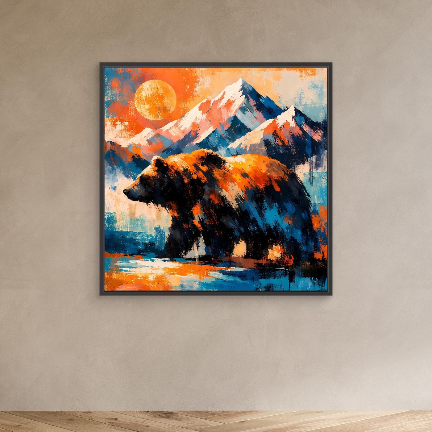 Leinwand-Wandbild mit Grizzlybär vor Bergkulisse, schwarzer Rahmen, Orange- und Blautöne