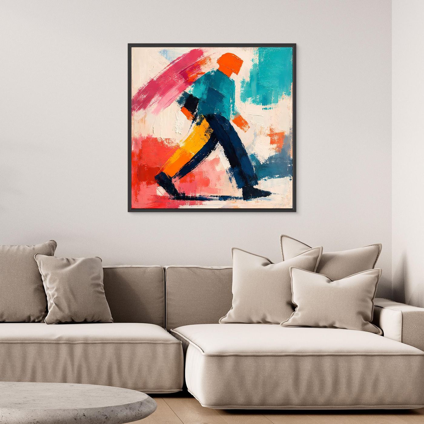 Framed abstract canvas print with a walking figure in red, teal, orange and dark blue