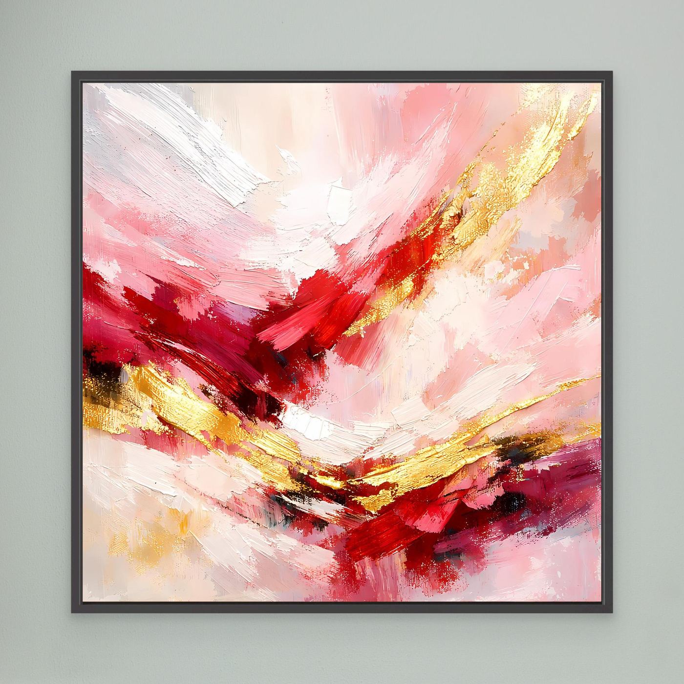 Leinwandbild mit abstrakten Pinselstrichen in Rosé, Rot und Gold mit schwarzem Rahmen