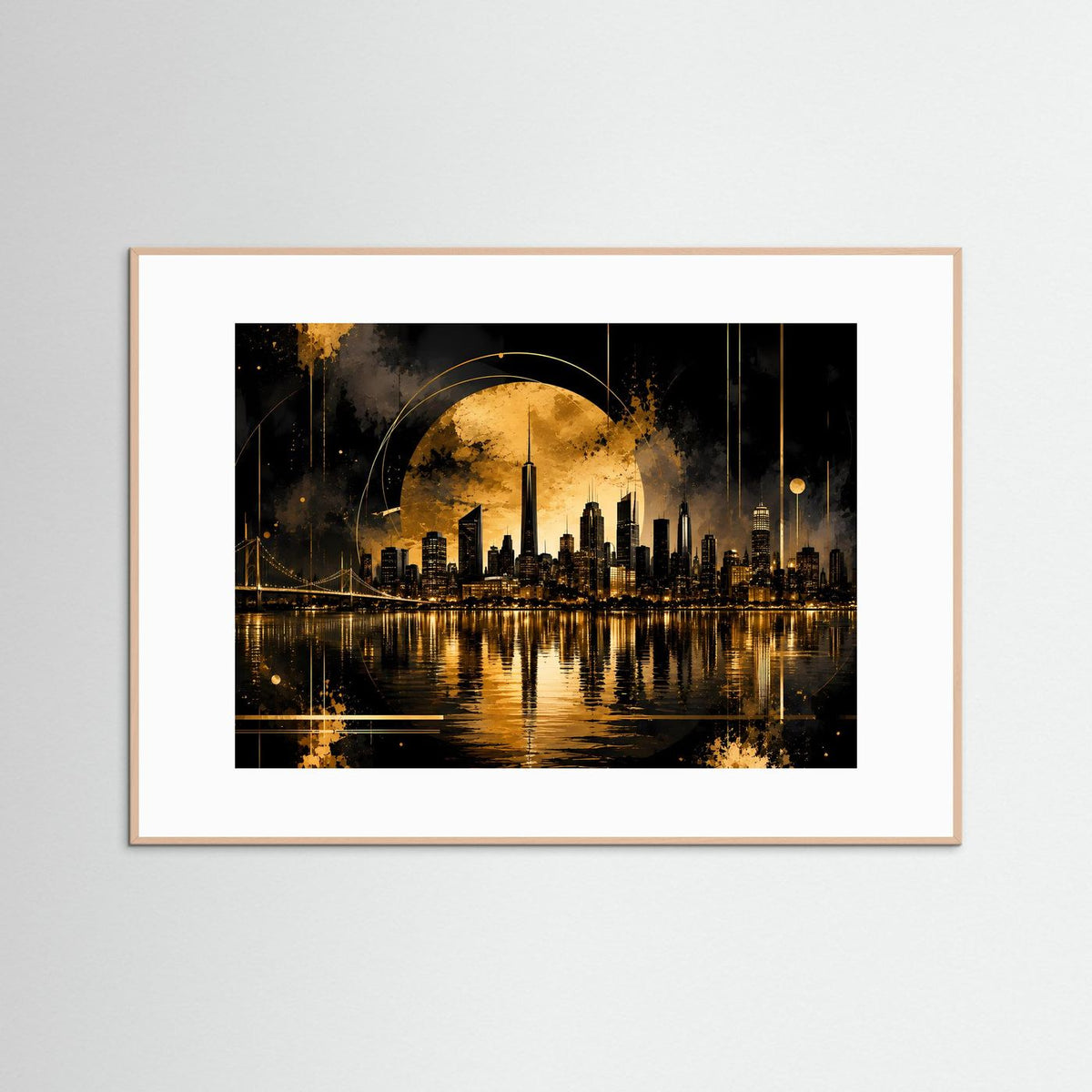 Querformat-Poster in braunem Rahmen mit goldschwarzer Skyline und spiegelnder Wasseroberfläche