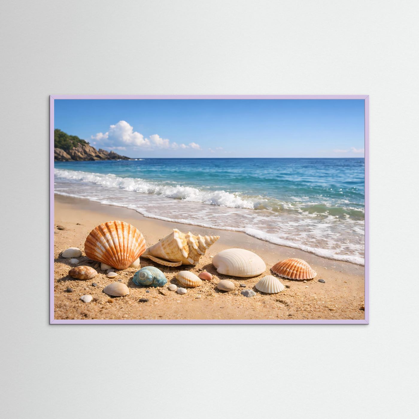 Poster im Querformat mit Muscheln am Sandstrand, lila Rahmen