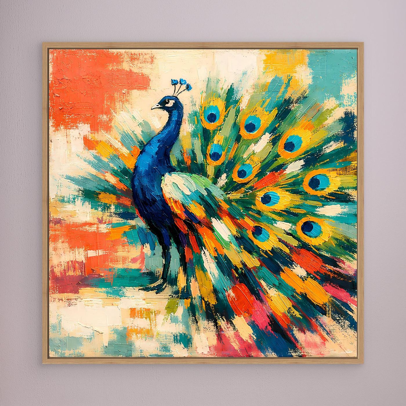 Framed abstract peacock canvas wall art with blue bird and multicolor tail fan