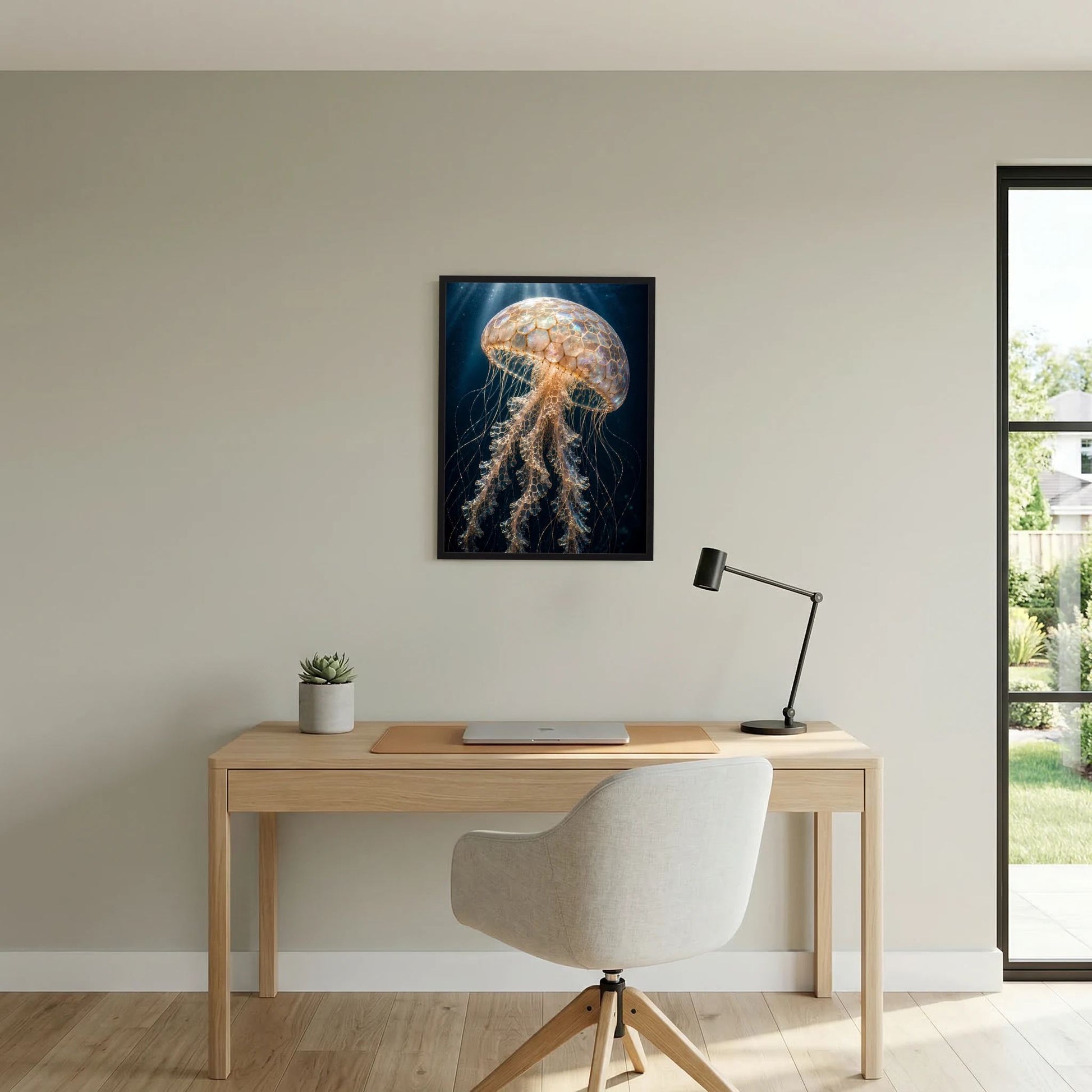 Gerahmtes Poster mit goldbrauner Qualle über dunklem Blau, feine Tentakel