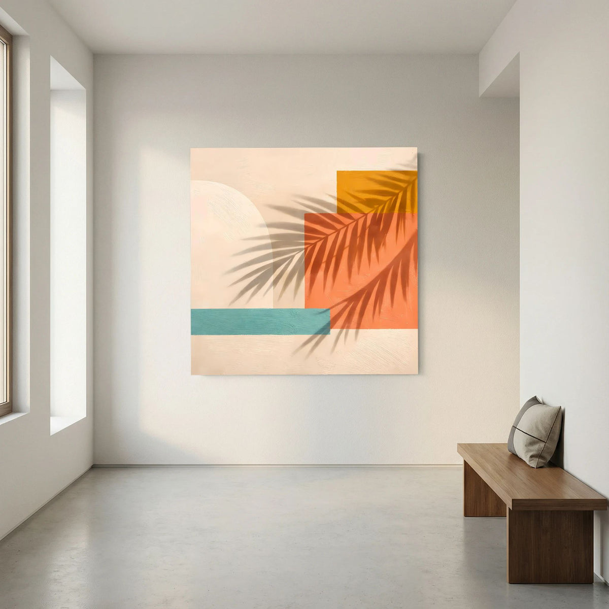 Leinwand Abstrakte Geometrie mit Palmenschatten | Modernes Boho Wandbild Terracotta