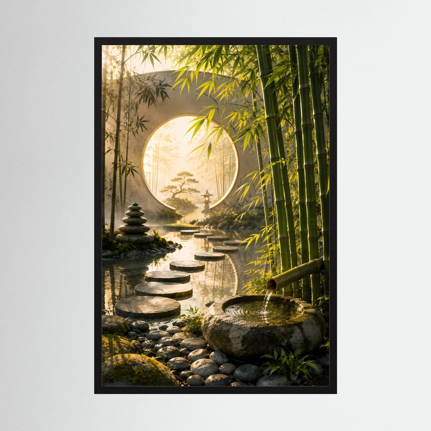 Hochformat-Poster mit Zen-Garten-Motiv: Bambus, Trittsteine und rundes Mondtor, schwarzer Rahmen
