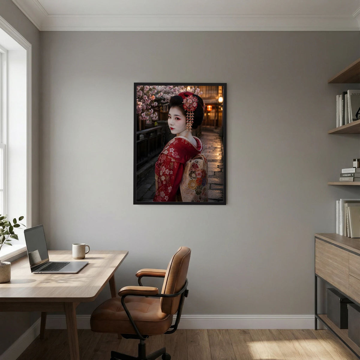 Poster im Hochformat: Geisha im roten Kimono vor Kirschblüten, schwarzer Rahmen