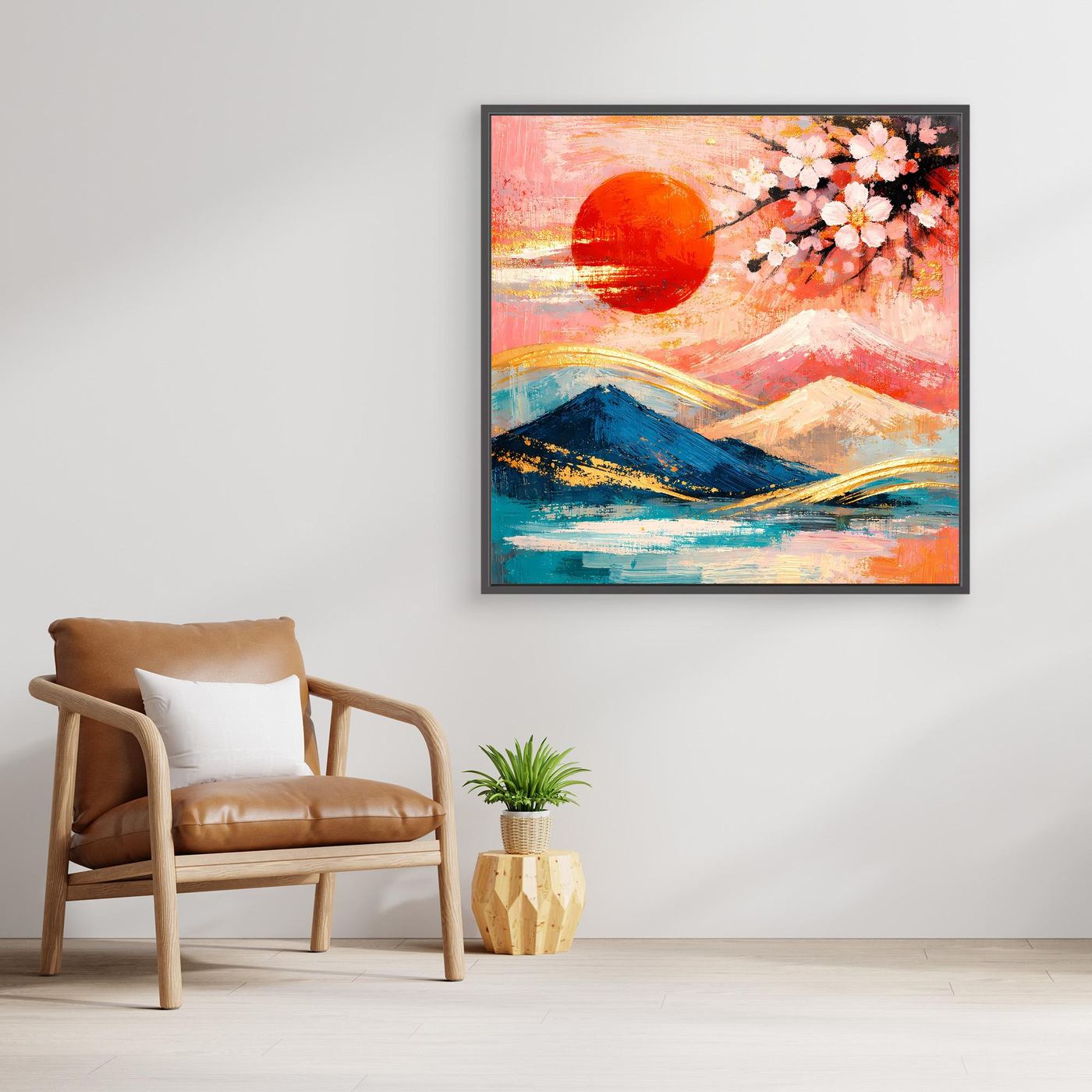 Leinwandbild mit Kirschblüten, roter Sonne und Berglandschaft in Pastellfarben, mit schwarzem Rahmen