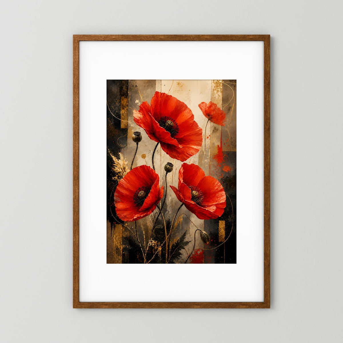 Roter Mohn in Gold & Schwarz | Elegante florale Kunst | Poster Hochformat
