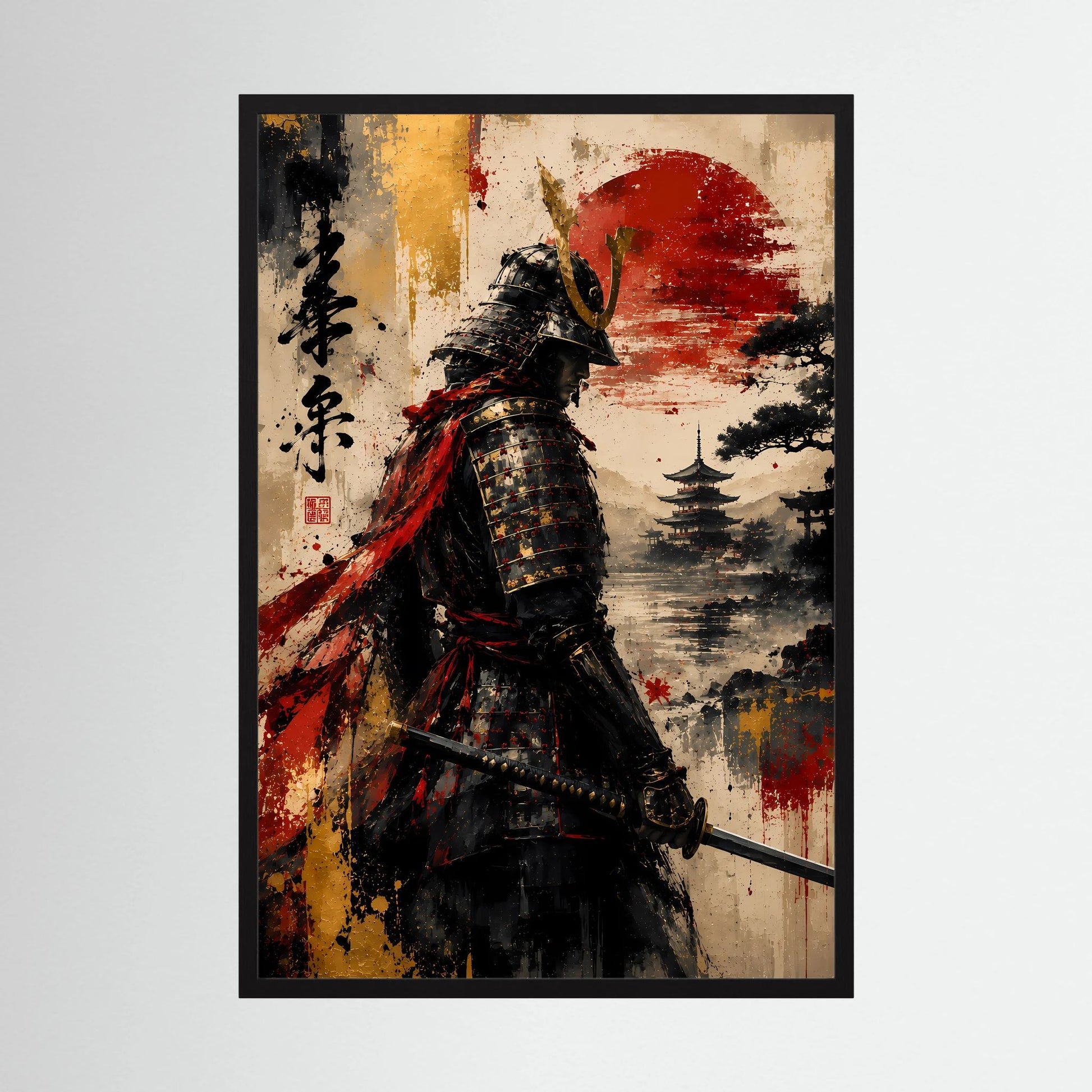 Gerahmtes Samurai-Poster mit schwarzem Rahmen: Krieger in dunkler Rüstung, roter Umhang, Katana