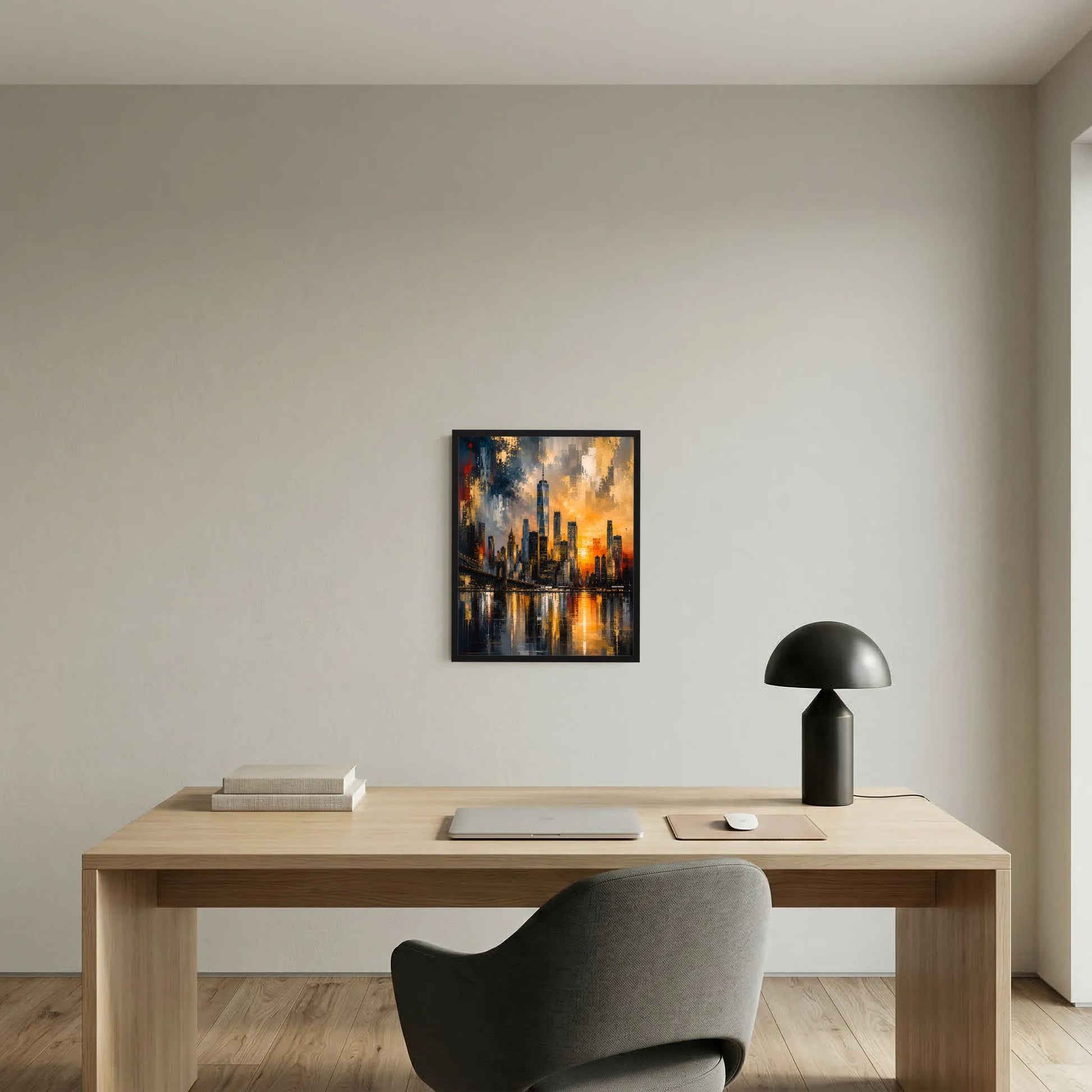 Gerahmtes Poster mit leuchtenden Wolkenkratzern in Gold und Schwarz, mit Reflexion