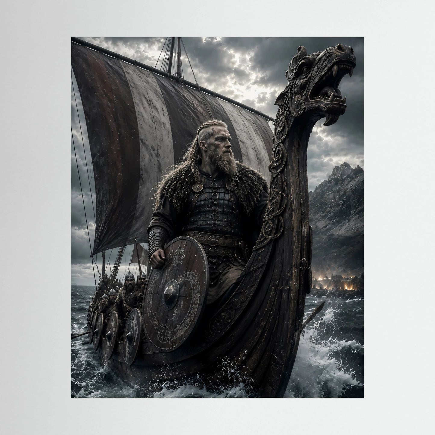 Hochformatiges Poster mit Wikingerkrieger auf Drachenschiff mit Schild und Segel im Sturm