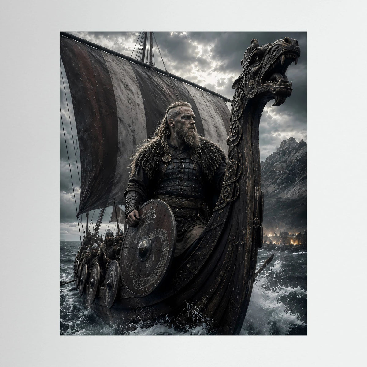 Hochformatiges Poster mit Wikingerkrieger auf Drachenschiff mit Schild und Segel im Sturm