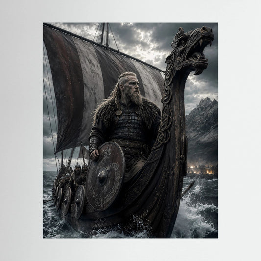 Hochformatiges Poster mit Wikingerkrieger auf Drachenschiff mit Schild und Segel im Sturm