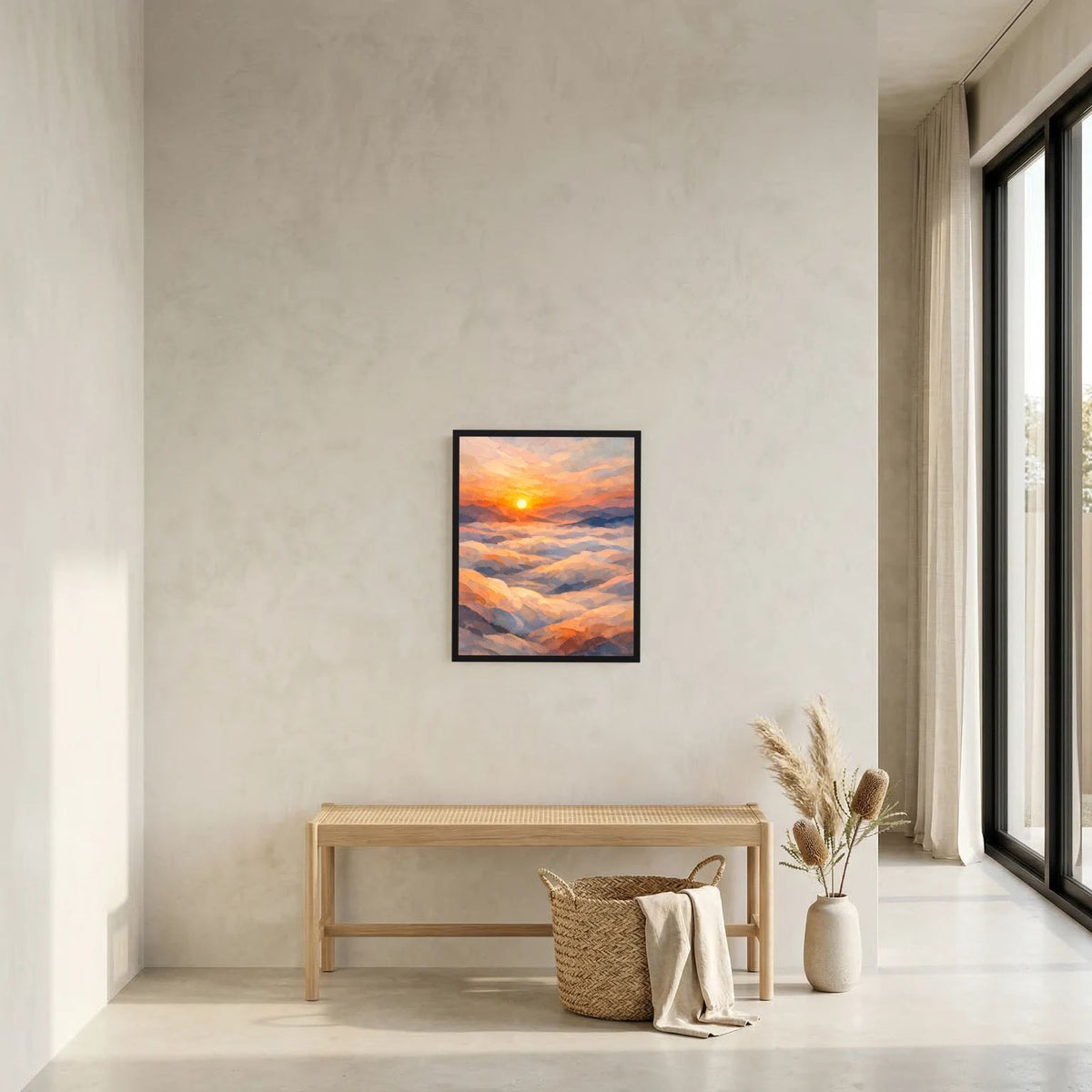 Gerahmtes Hochformat-Poster mit Sonnenuntergang über Wolken, pastellfarben, schwarzer Rahmen
