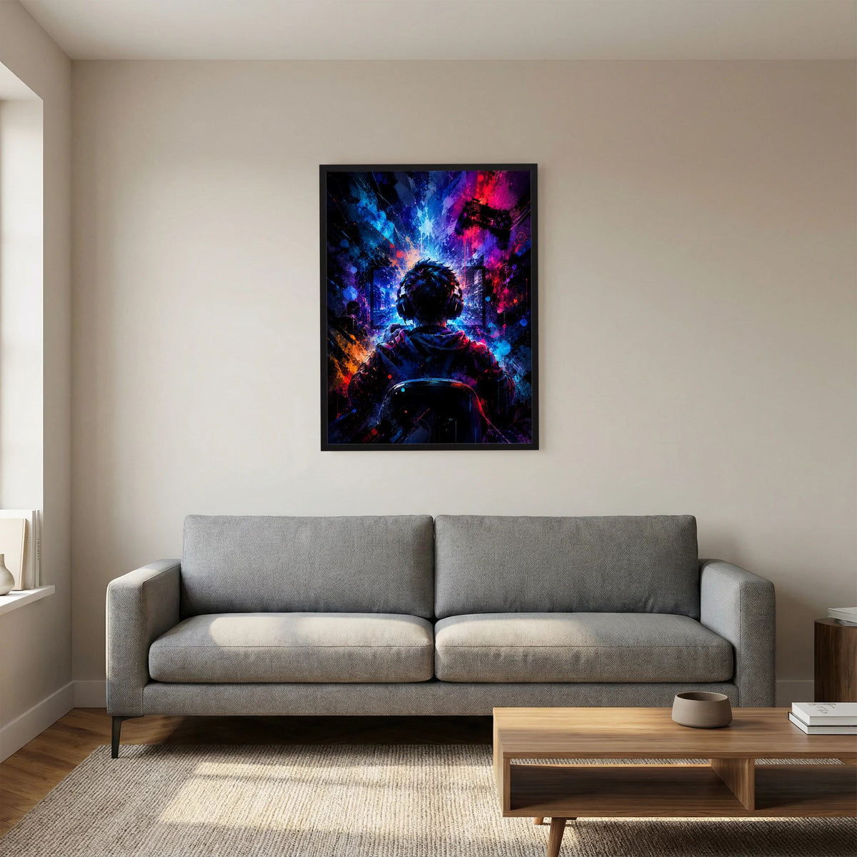 Schwarz gerahmtes Wandposter mit Neon-Motiv eines Gamers mit Headset