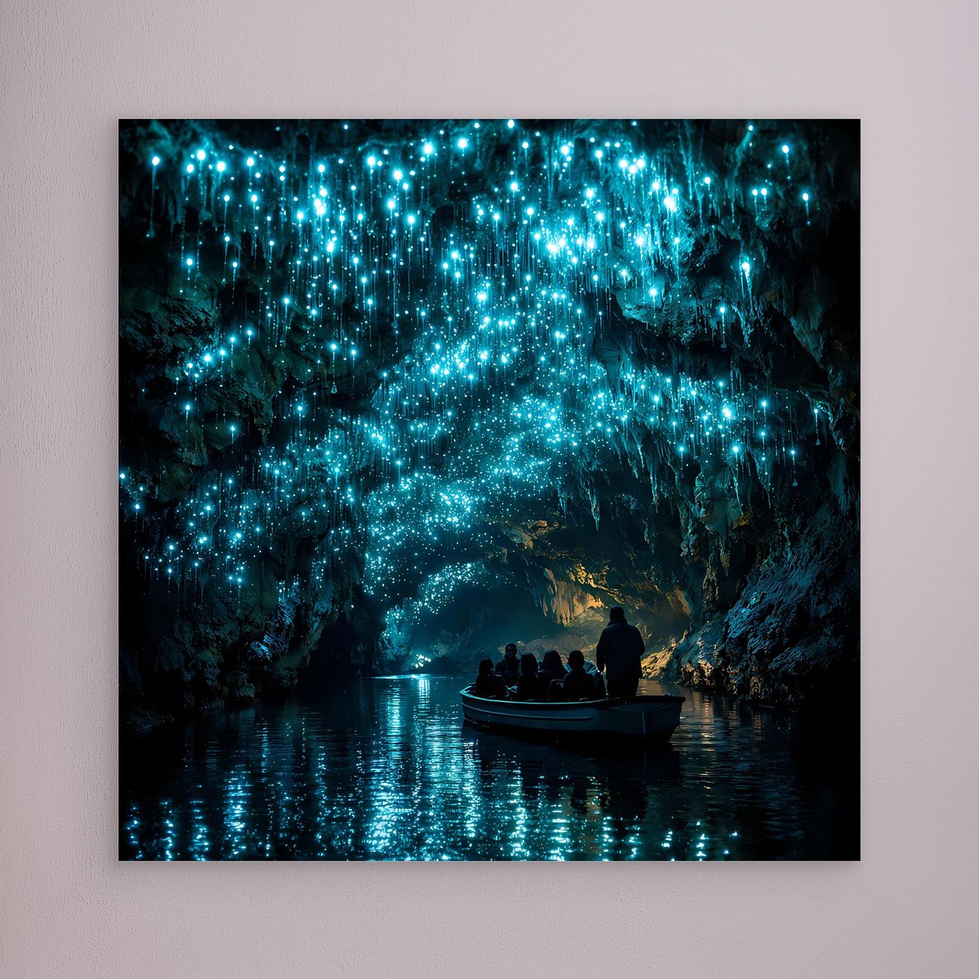 Leinwandbild ohne sichtbaren Rahmen: blaue Glühwürmchen in der Höhle mit Boot im Wasser
