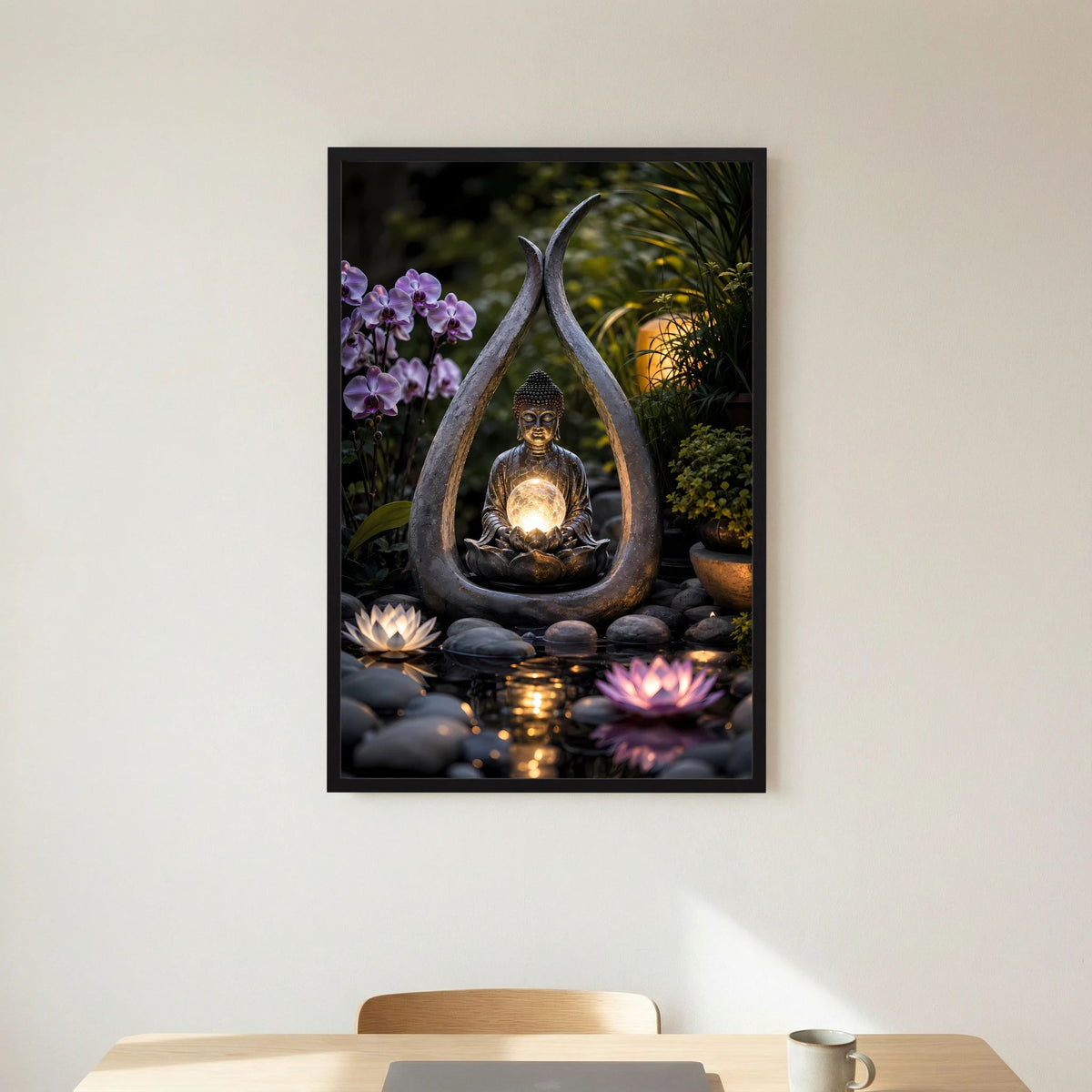 Vertikales Poster: Buddha in Steinmeditation mit goldener Lichtkugel, Lotus und violetten Blüten, schwarz gerahmt