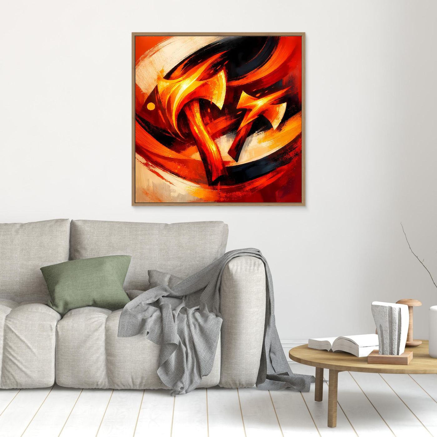 Abstraktes Leinwandbild mit Wikinger-Axt, goldene Flammen, brauner Rahmen.