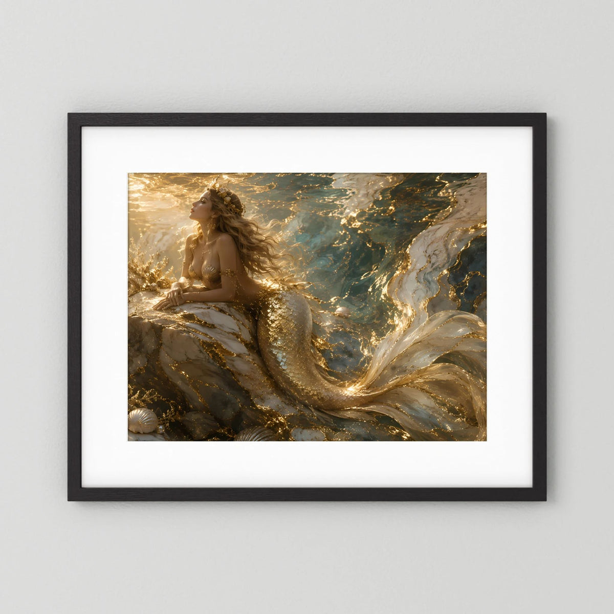 Meerjungfrau-Wandbild im schwarzen Rahmen mit goldener Wasser-Illustration