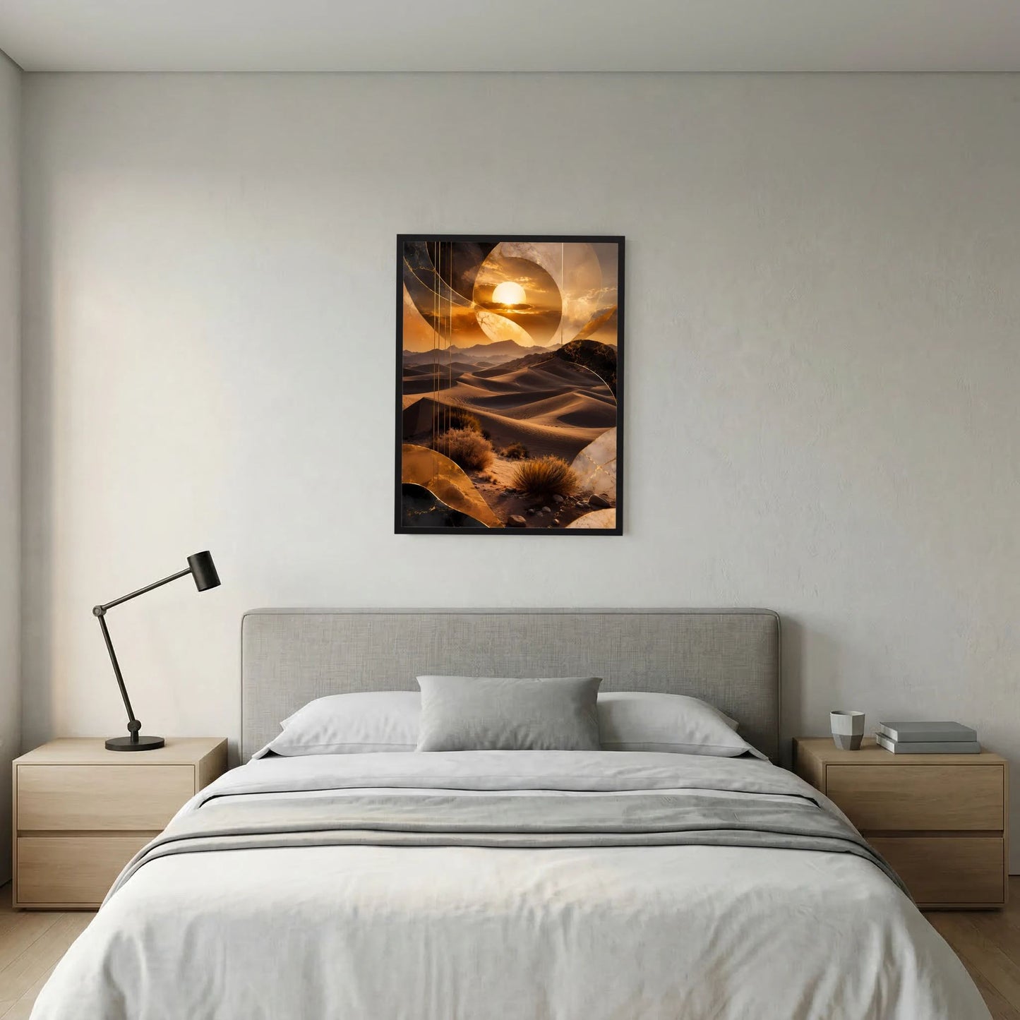 Hochformat-Poster mit goldenem Wüstenbild, Sonnenkreis und Sanddünen, schwarzer Rahmen