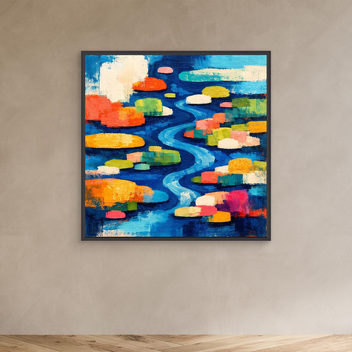 Abstraktes Leinwand-Wandbild mit blauem Flusslauf, bunten Seerosen, im dunklen Rahmen