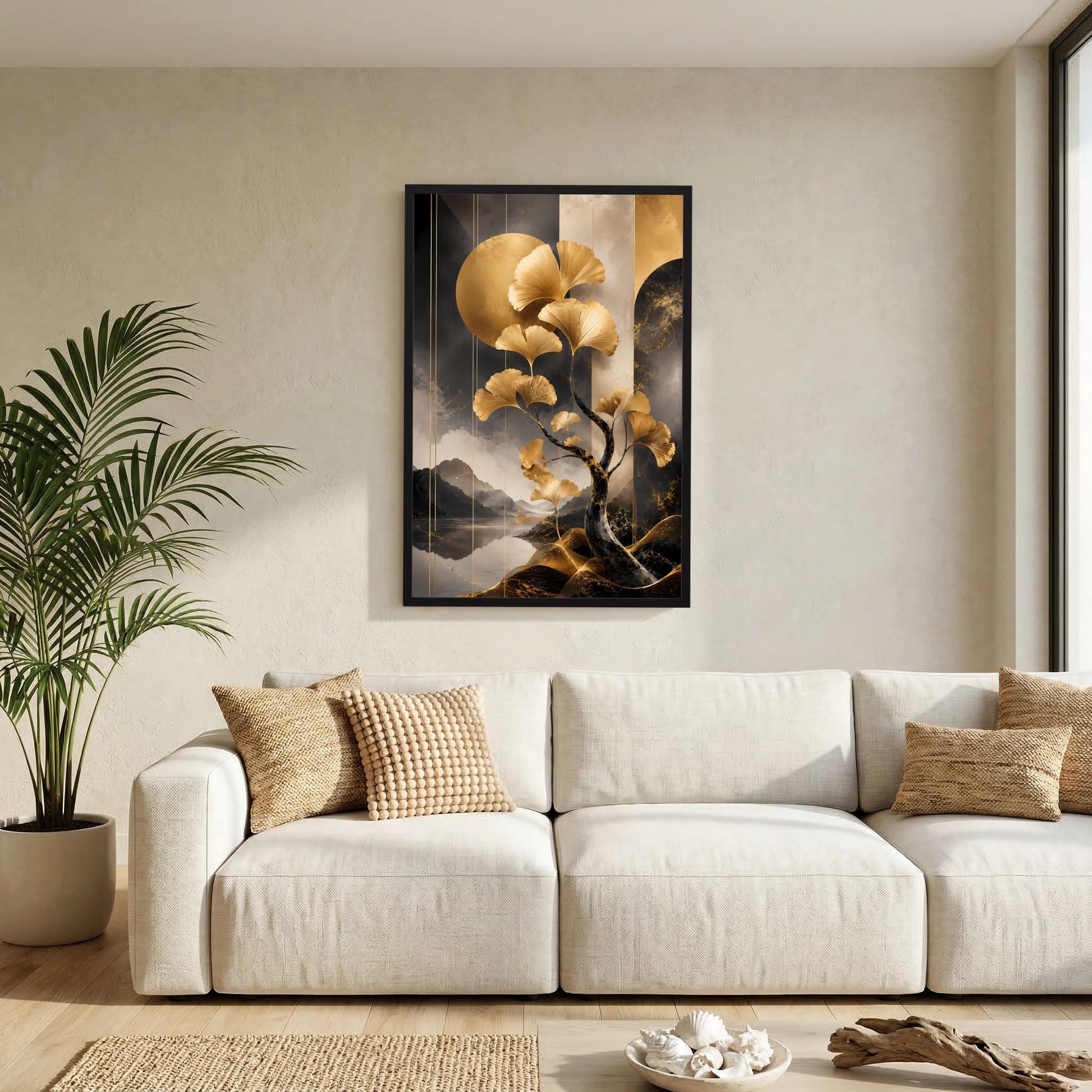 Gerahmtes Poster (Hochformat) mit goldener Ginkgobaum-Grafik und Mondkreis