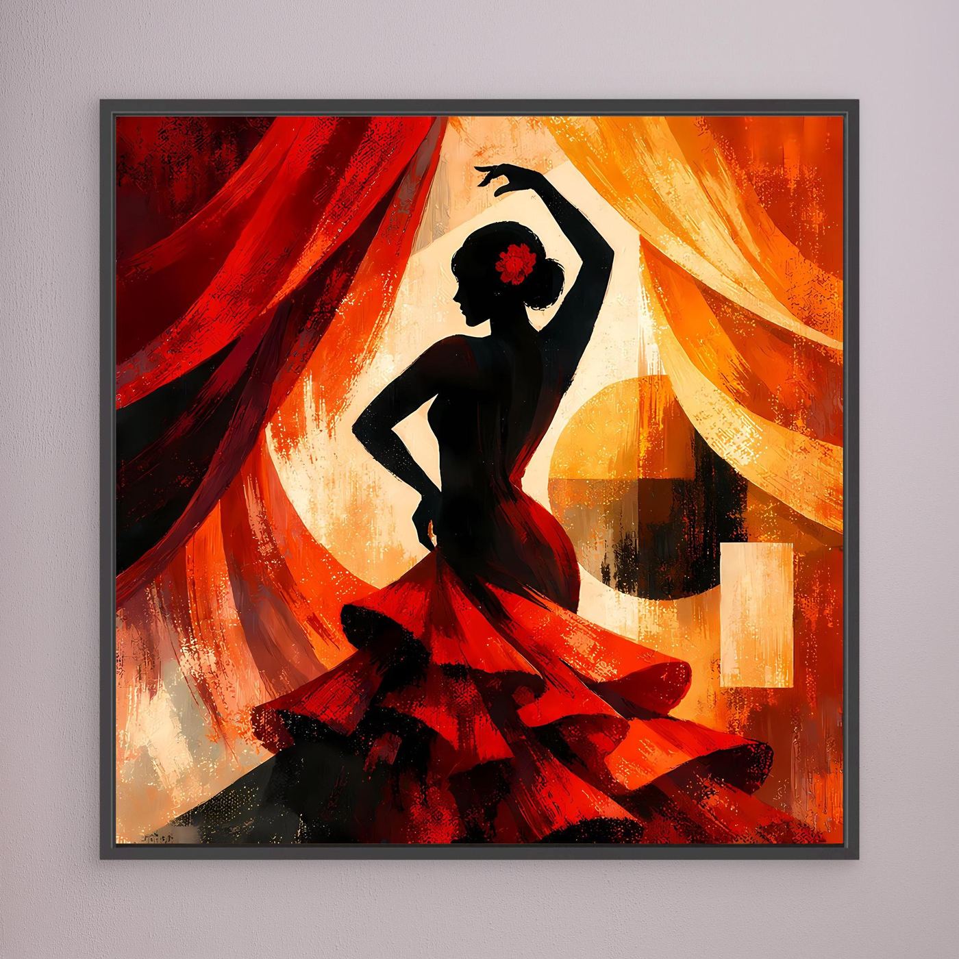 Leinwandbild im dunklen Rahmen: schwarze Flamenco-Silhouette mit rotem Blümchen, Rot-Orange