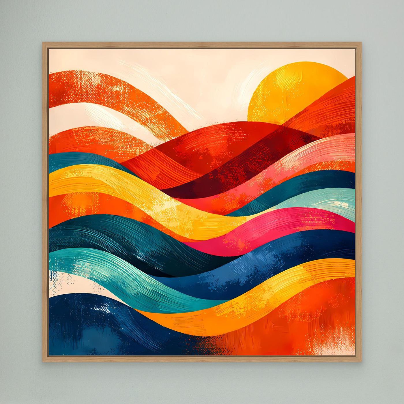 Abstraktes Wandbild mit bunten Wellen, Sonnenform, Holzrahmen
