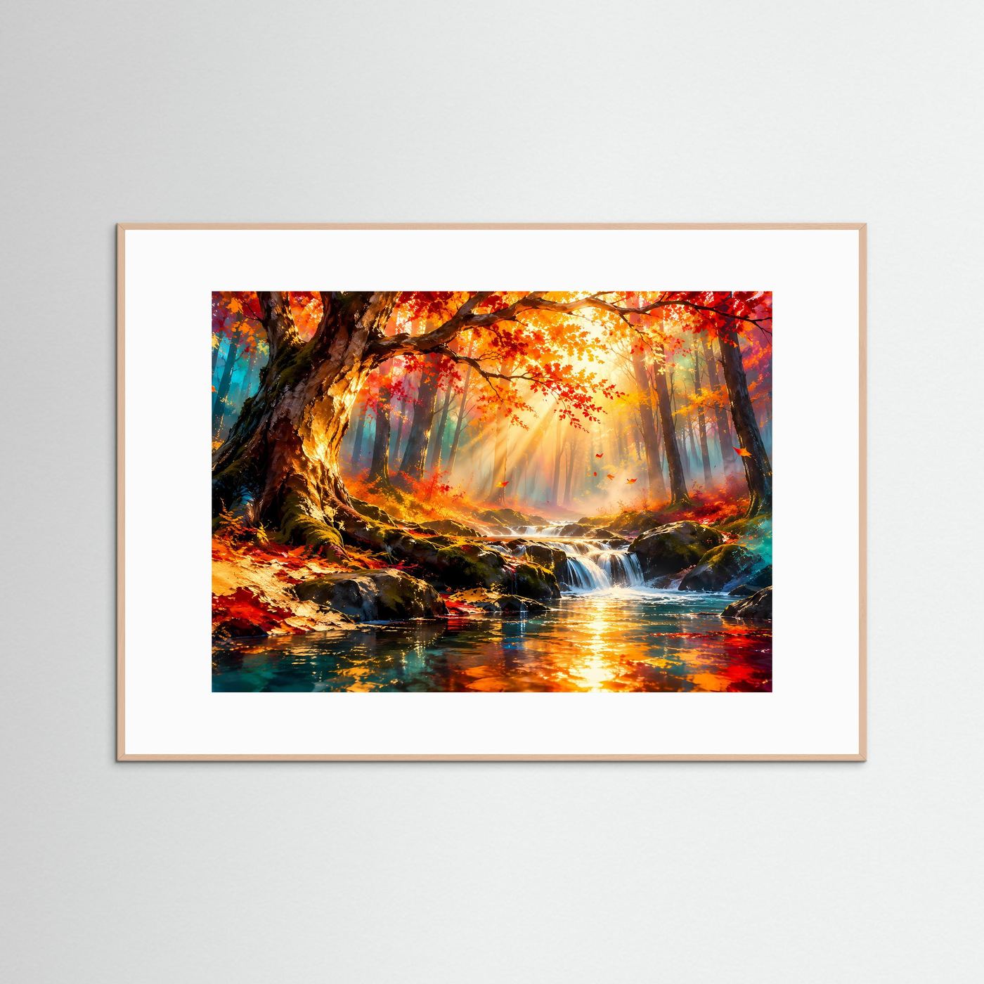 Wandposter mit Herbstwald und Bachlauf, Sonnenstrahlen, naturfarbener Holzrahmen