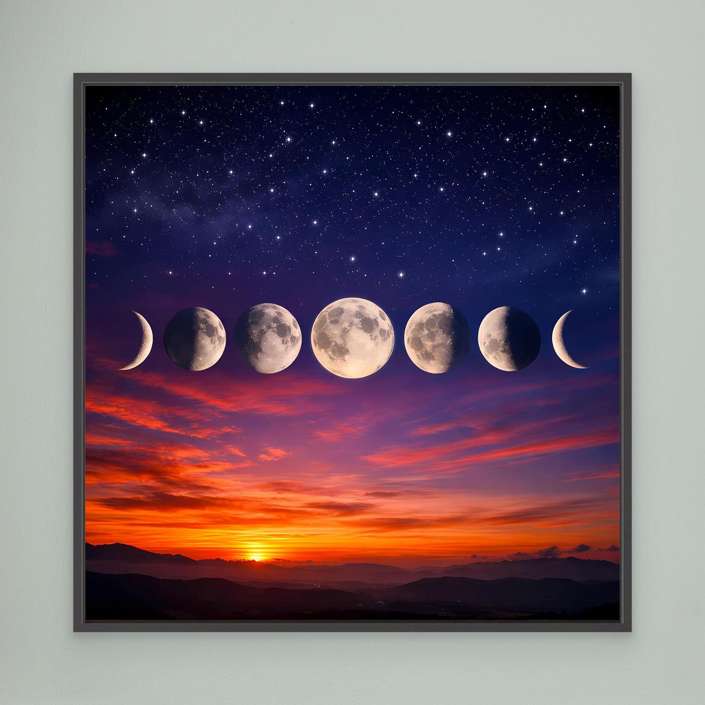 Leinwandbild mit Mondphasen über Sternenhimmel und Sonnenuntergang, schwarz gerahmt