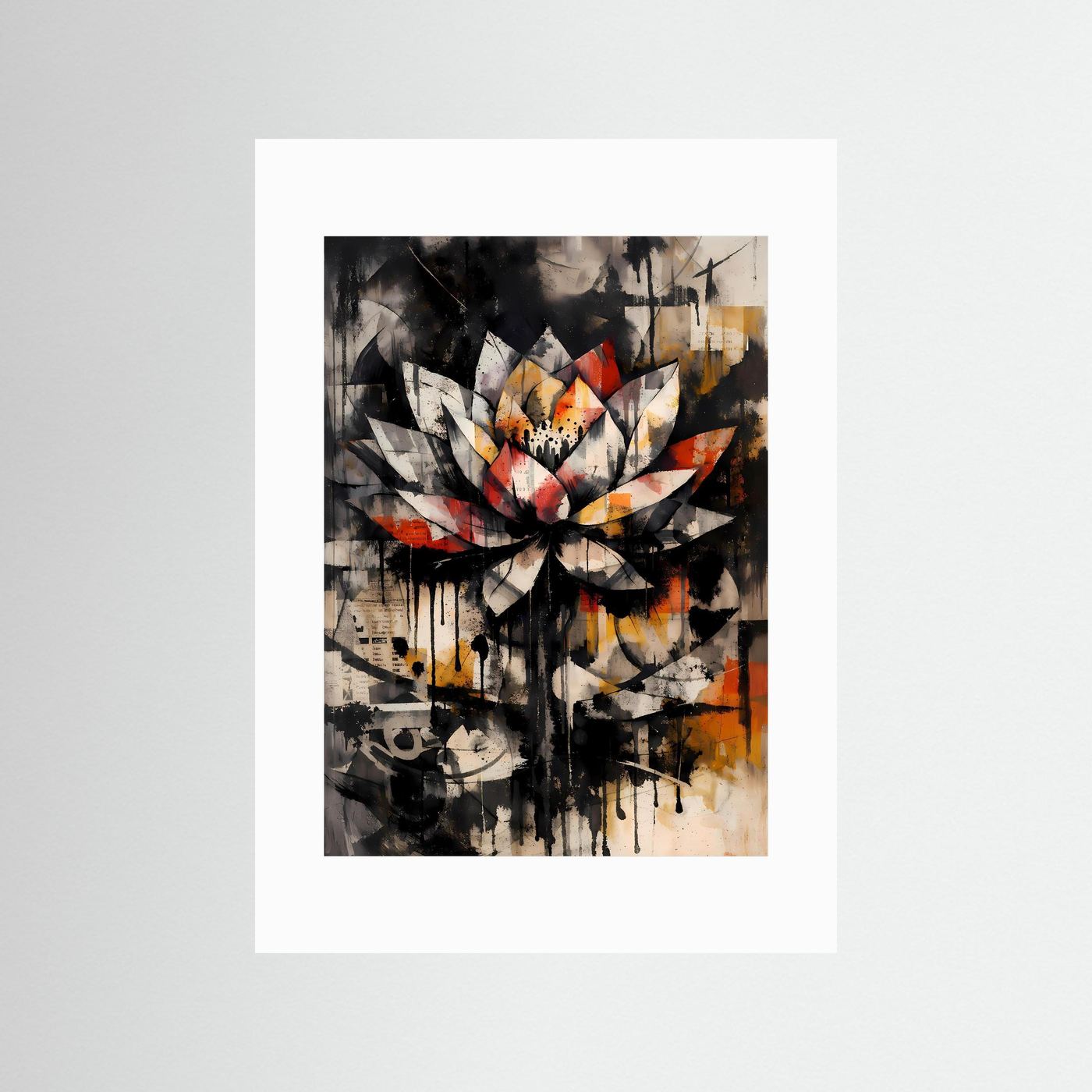 Die Kraft der Reinheit | Abstraktes Lotus Poster in Schwarz, Weiß & warmen Akzenten | Expressives Urban Art Kunstposter Hochformat