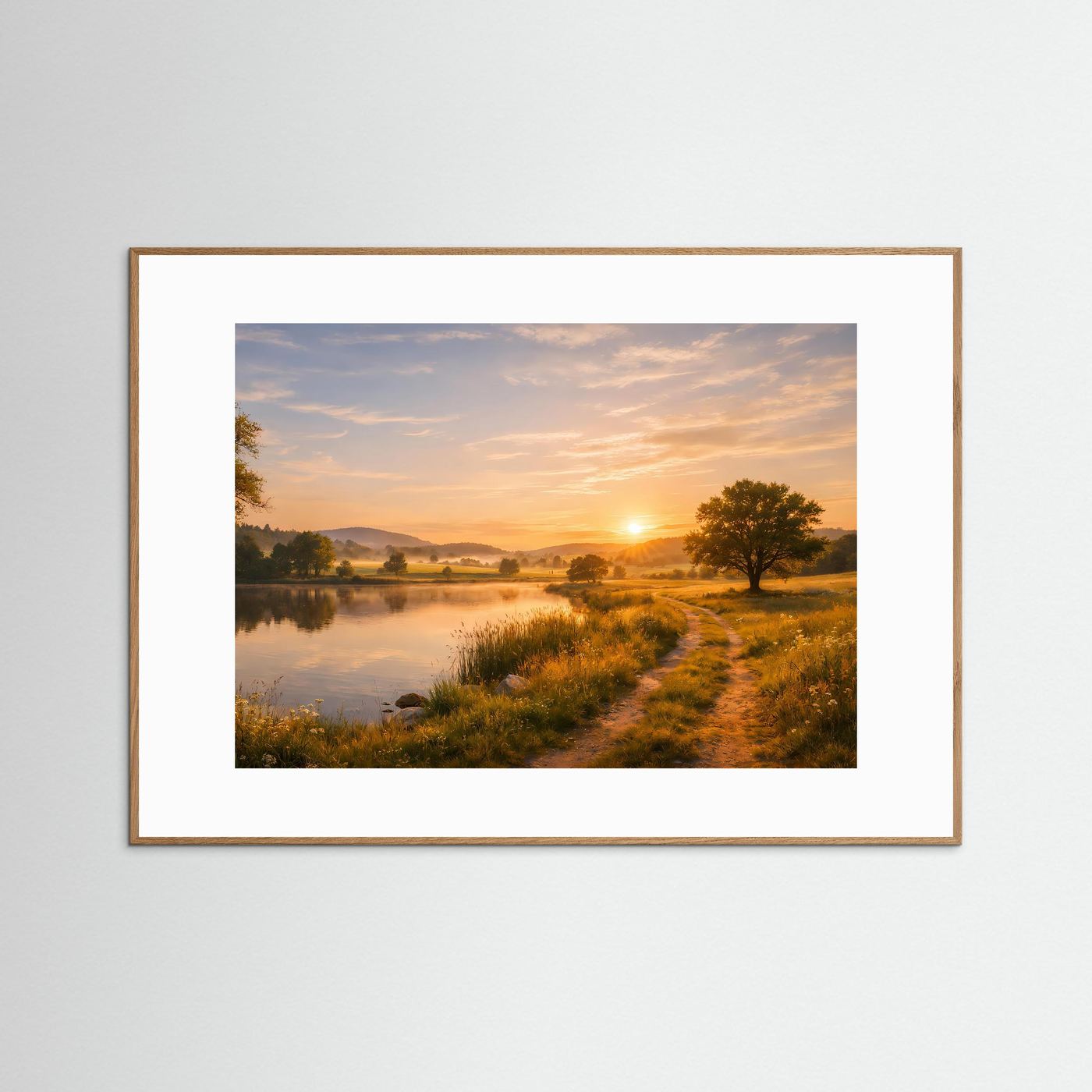 Naturposter mit Flusslauf und Sonnenaufgang, hellbrauner Holzrahmen im Querformat