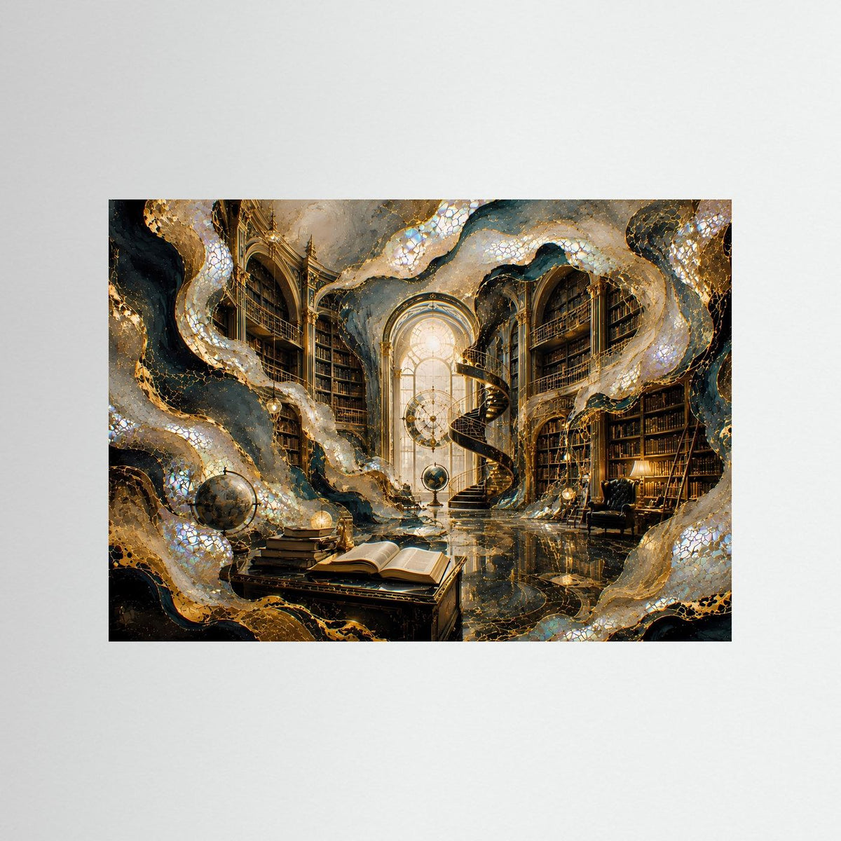 Poster im Querformat mit surrealem Bibliotheksmotiv, goldene und blaue Farbtöne